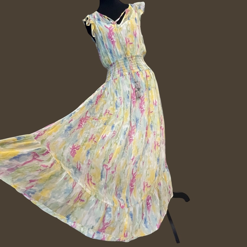 Anthropologie Watercolor Floral Maxi Dress Smocked Waist Flutter Sleeve Size 2 - Picture 9 of 14
